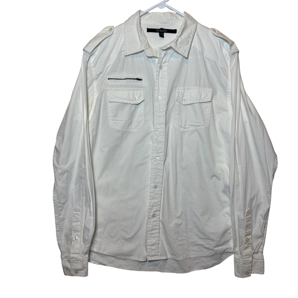 BLACK Mens M White Cotton Military Utility Pocket Button Up Shirt Fray Seams